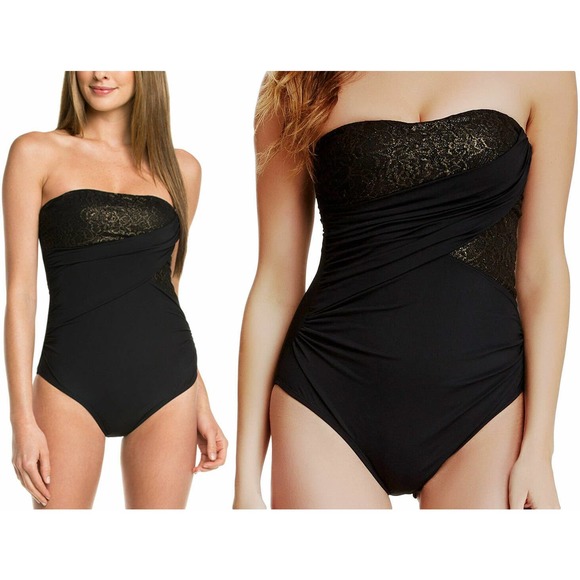 NEW Spanx Peek-A-Boo Golden Hour Metallic Lesh Bandeau 1 Piece Swimsuit 14 - Picture 1 of 7
